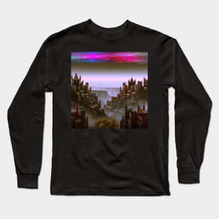 Castle Kingdom With Pink Sky Synthwave City Long Sleeve T-Shirt